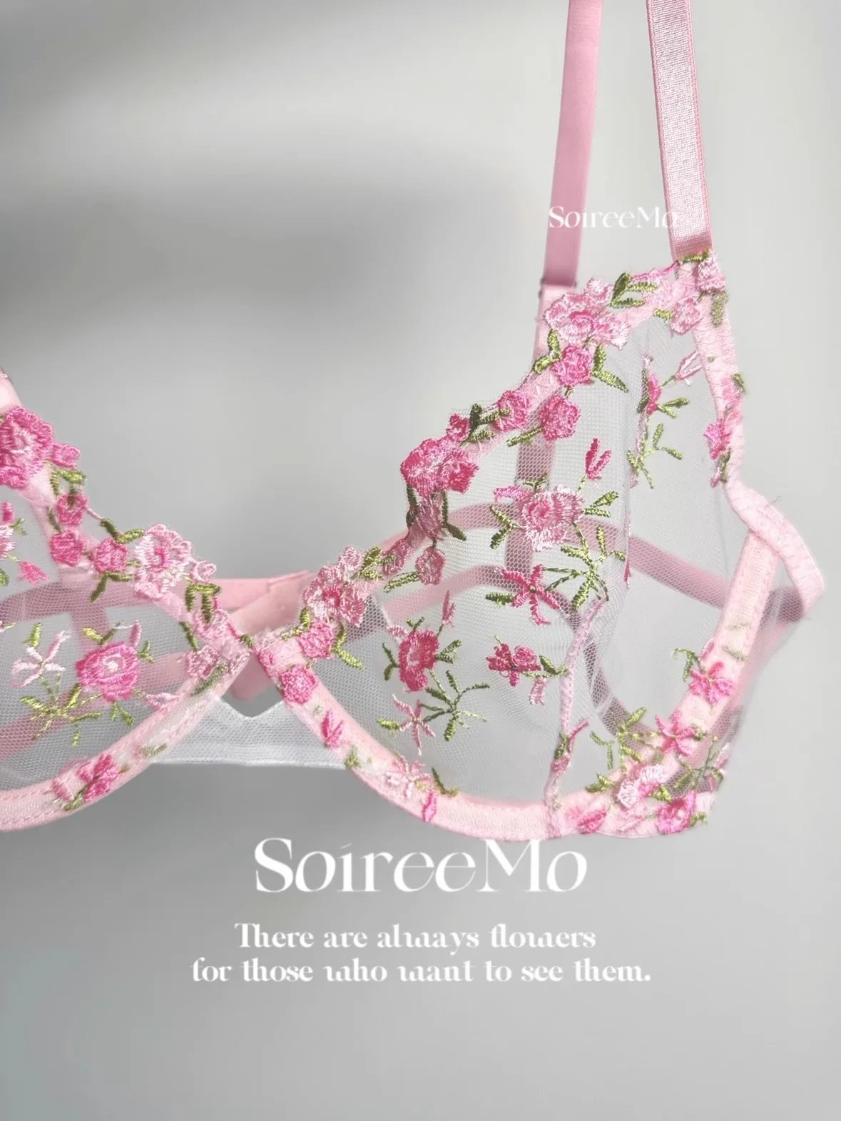 Kawaii Japanese Lingerie Set Sheer Tulle, Pink Floral Embroidery Bra Bralette, Sexy Pure Matching Set BANERDANNI Sexy Tushy Bras