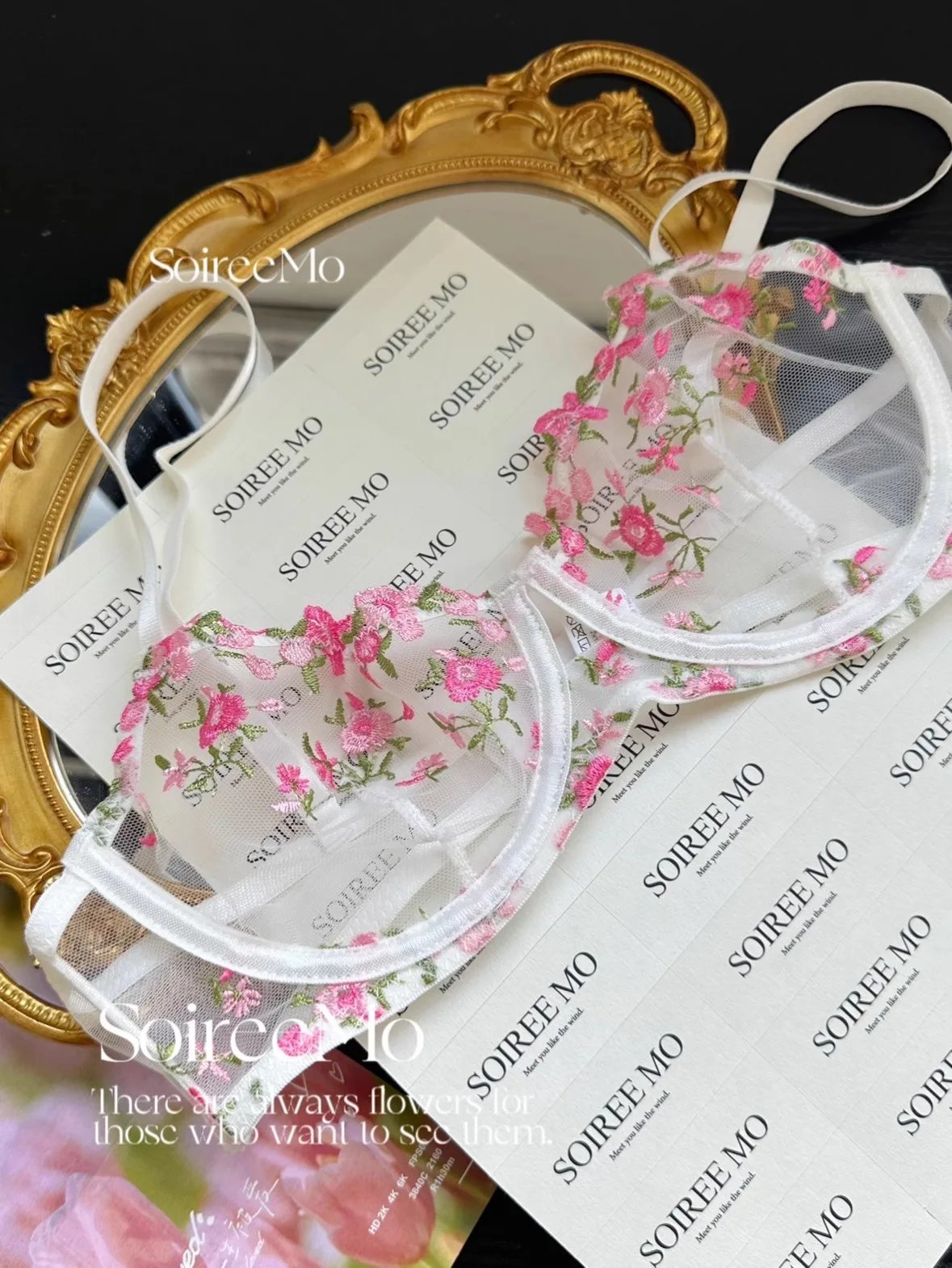 Kawaii Japanese Lingerie Set Sheer Tulle, Pink Floral Embroidery Bra Bralette, Sexy Pure Matching Set BANERDANNI Sexy Tushy Bras