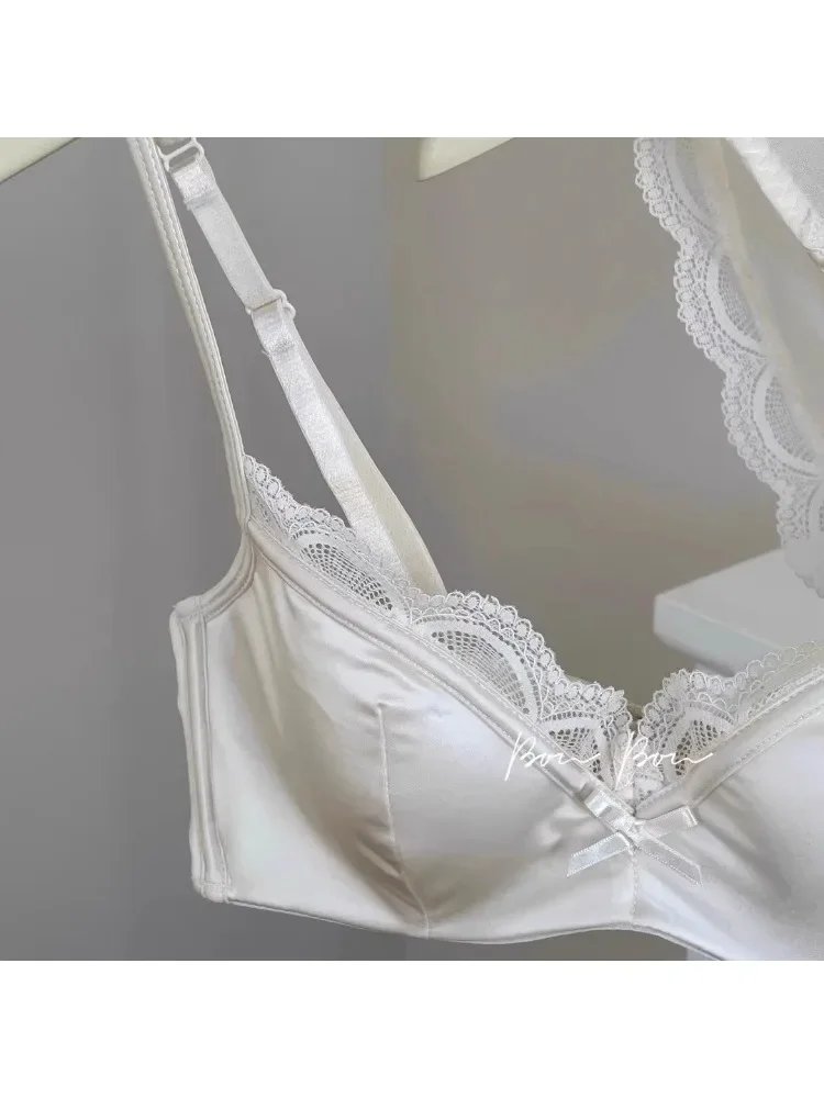 YUQI French Luxury Silk Bra for Small Bust Women, Adjustable Slimming Bralette & Panty Set,Comfort Sexy Sheer Lingerie set bra