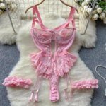 2PCS Red Floral Lace Garter Lingerie Set Erotic Underwear Bras Sets For Women Underwire Bra And Thongs Ladies Underwear Set - Image 2