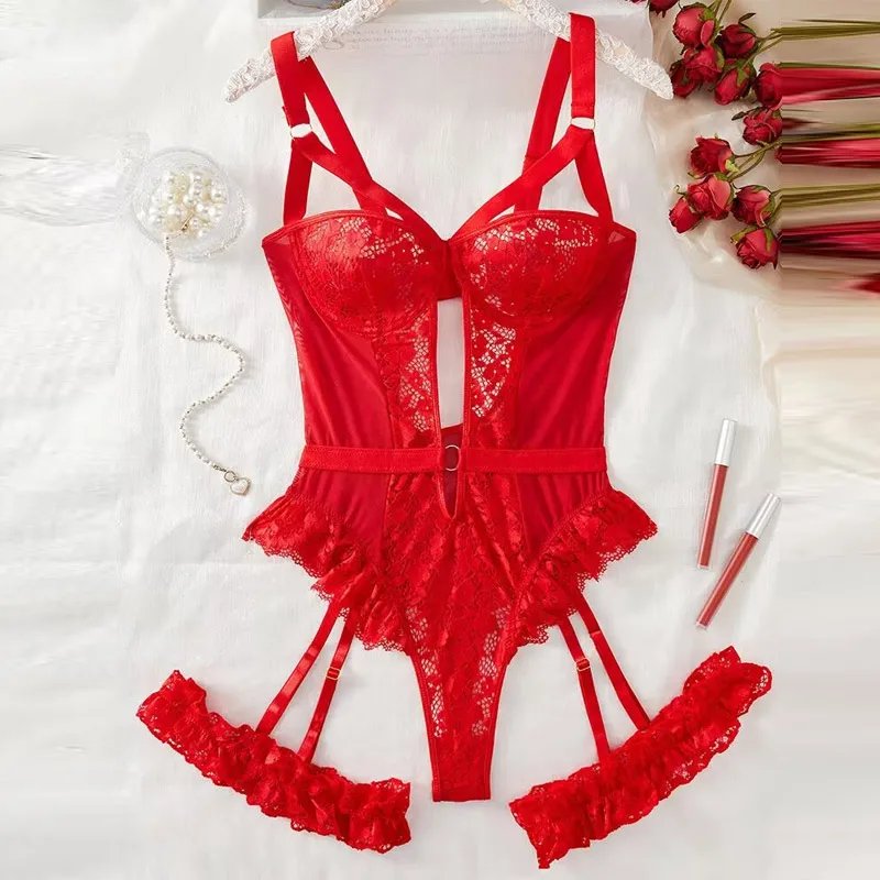 2PCS Red Floral Lace Garter Lingerie Set Erotic Underwear Bras Sets For Women Underwire Bra And Thongs Ladies Underwear Set