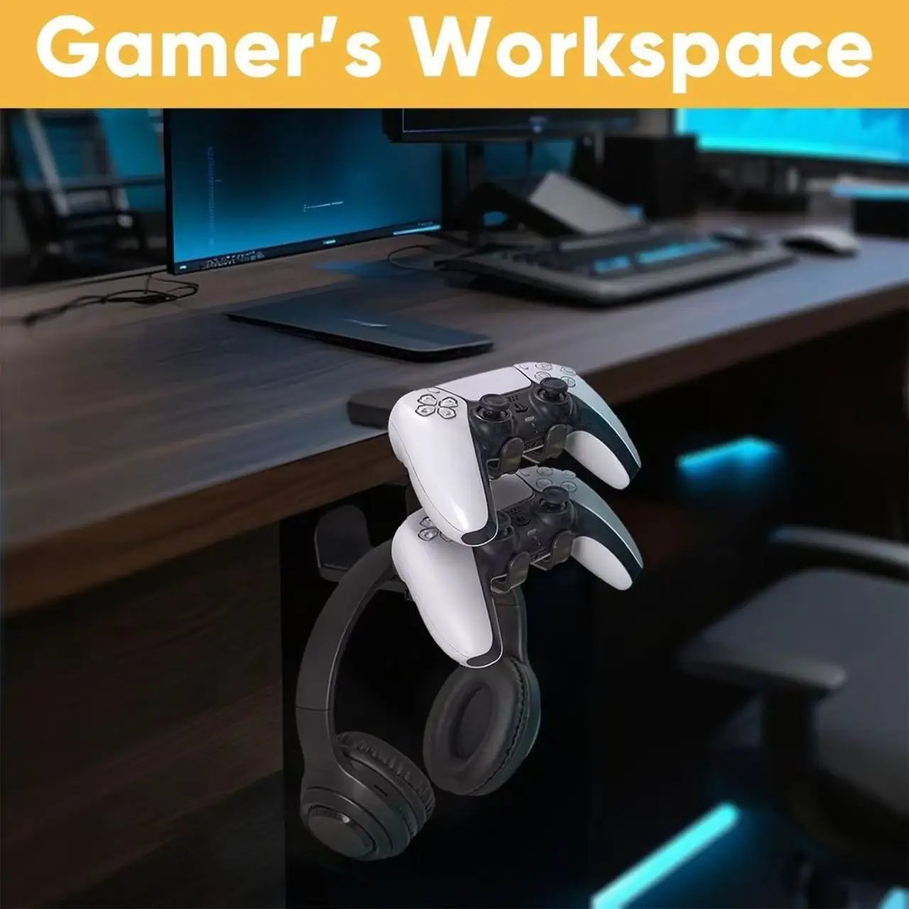 3-in-1 Headset & Controller Stand w/ Adjustable Clamp, Rotating Arm & Cable Management. Gaming Headphone & Controller Holder