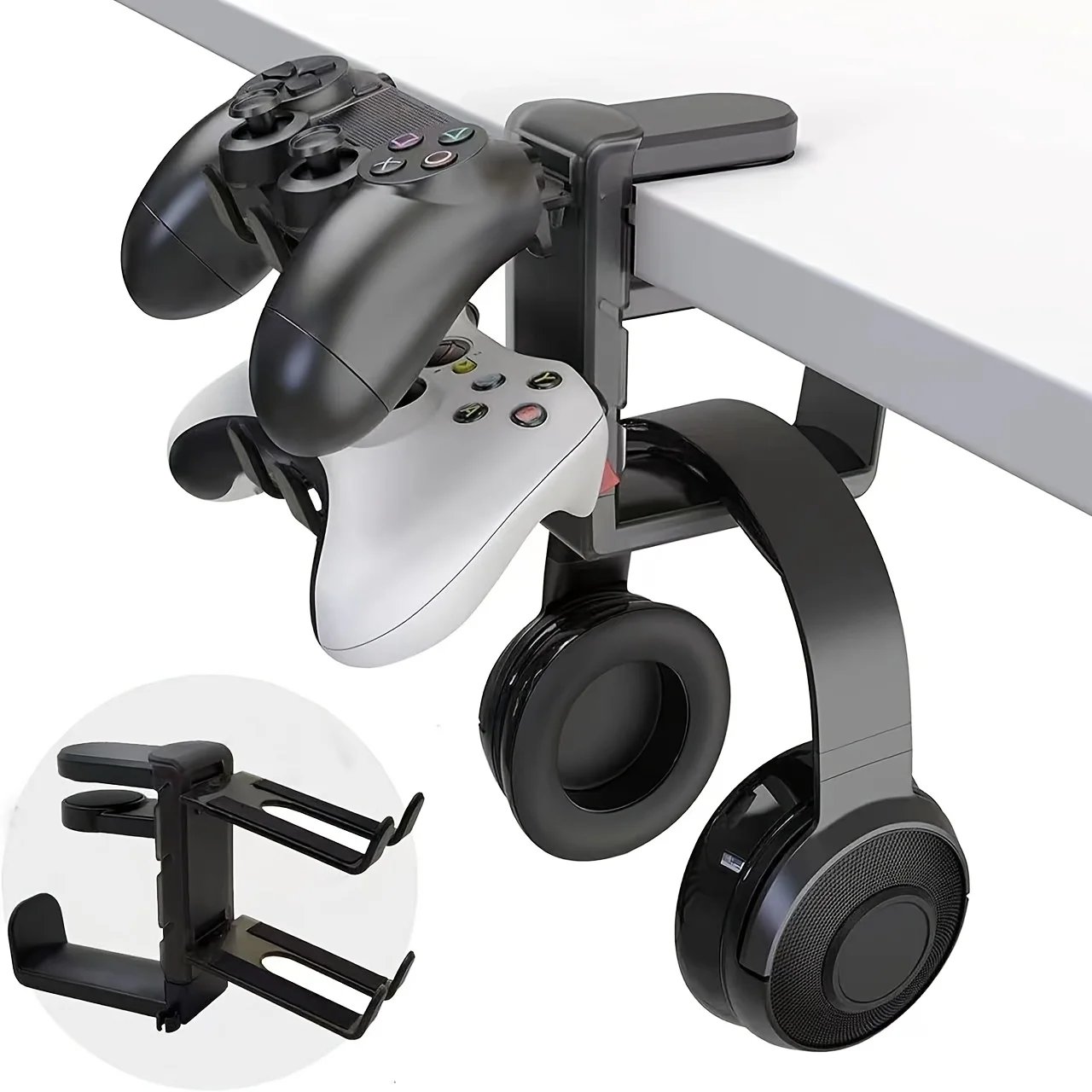 3-in-1 Headset & Controller Stand w/ Adjustable Clamp, Rotating Arm & Cable Management. Gaming Headphone & Controller Holder