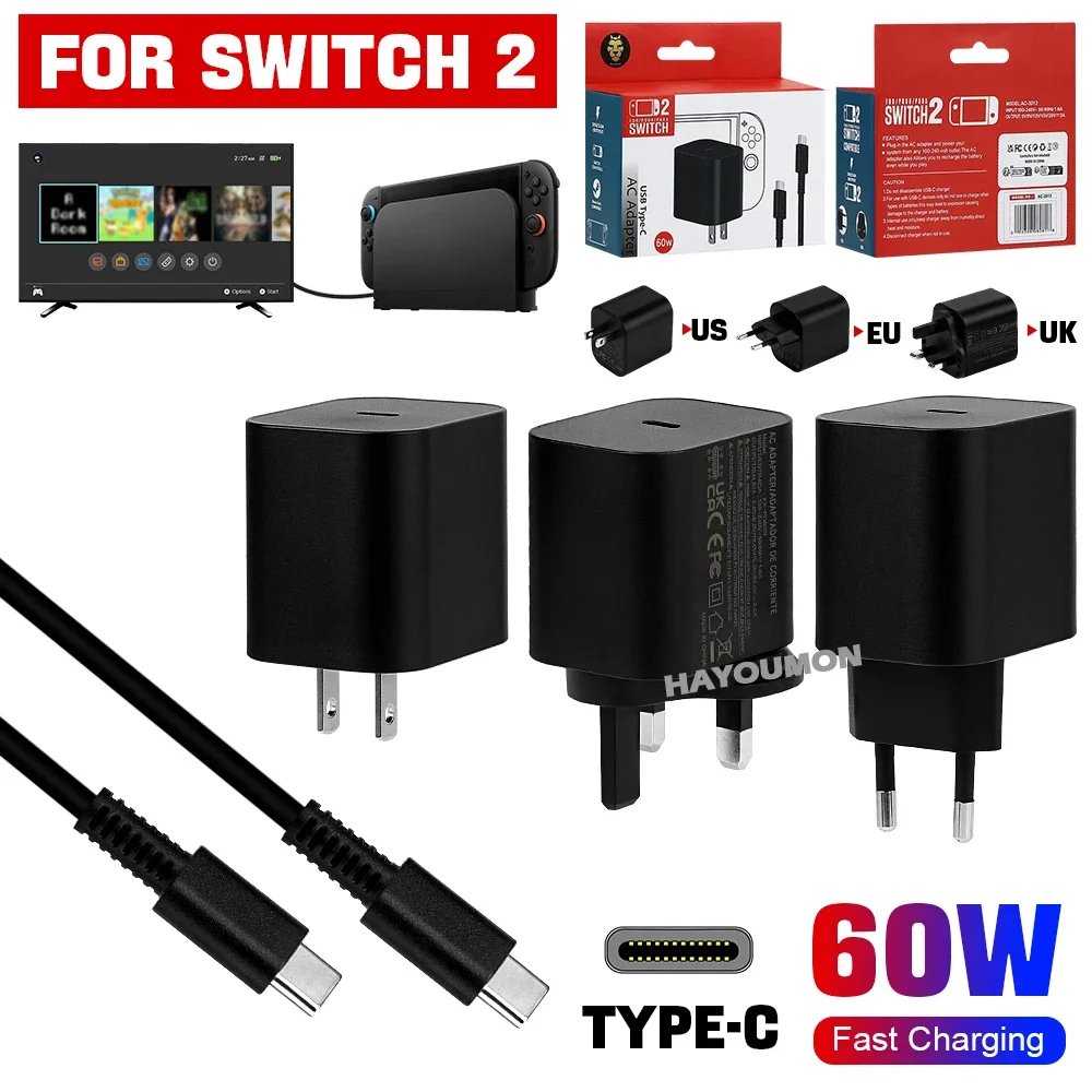 UK US EU 60W Type-C AC Adapter For Switch 2 Fast Charger Power Supply Supports TV Dock Mode Wall Charger Gaming Accessories