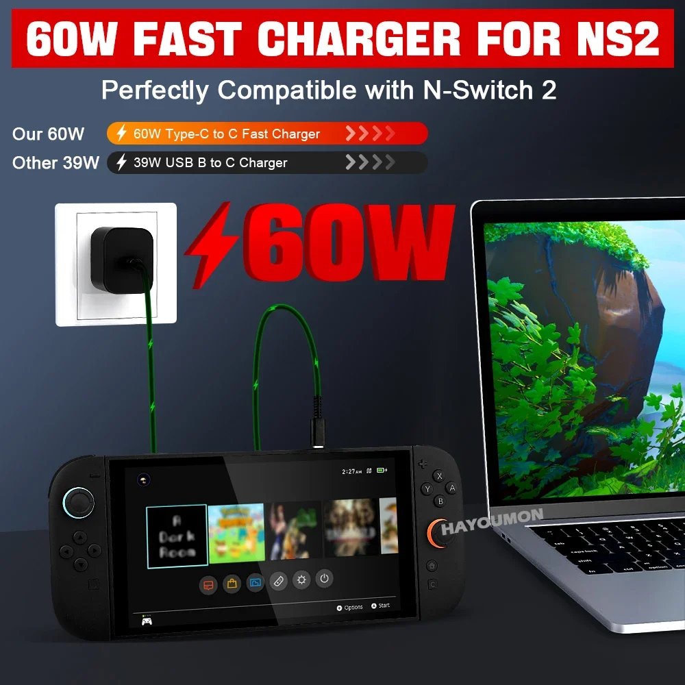 UK US EU 60W Type-C AC Adapter For Switch 2 Fast Charger Power Supply Supports TV Dock Mode Wall Charger Gaming Accessories