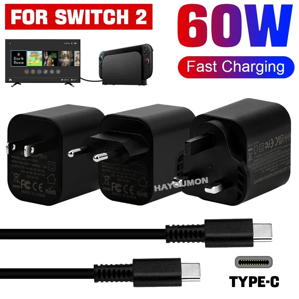 UK US EU 60W Type-C AC Adapter For Switch 2 Fast Charger Power Supply Supports TV Dock Mode Wall Charger Gaming Accessories