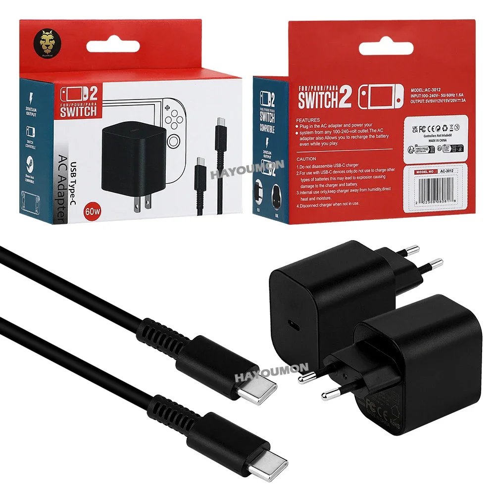 UK US EU 60W Type-C AC Adapter For Switch 2 Fast Charger Power Supply Supports TV Dock Mode Wall Charger Gaming Accessories
