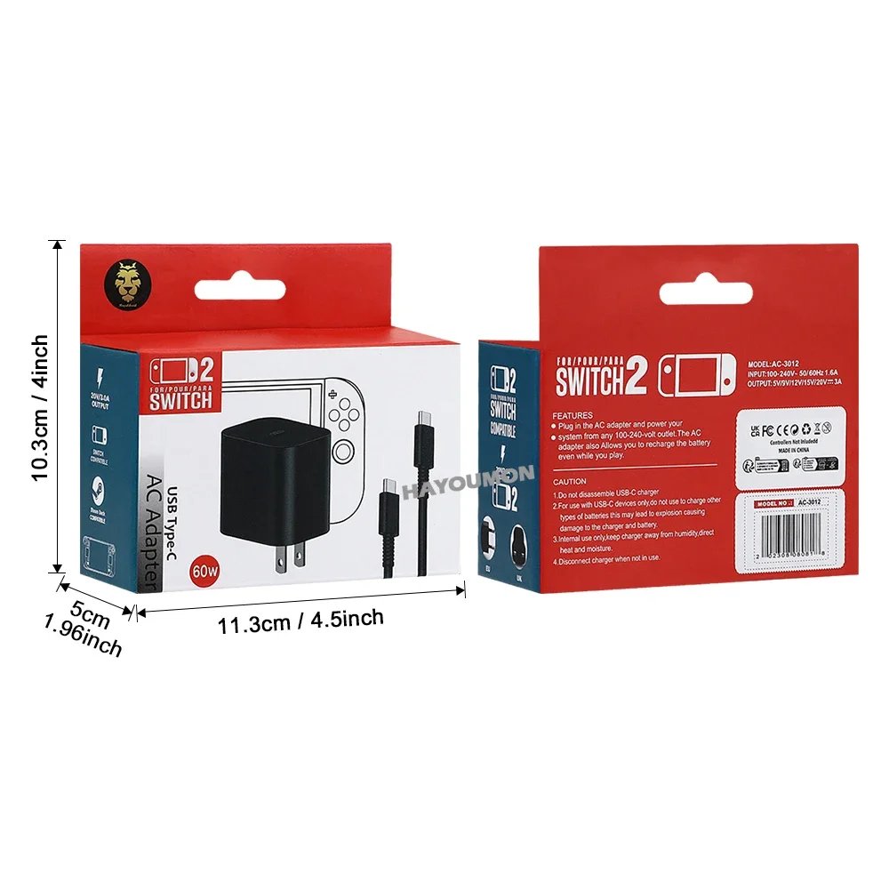 UK US EU 60W Type-C AC Adapter For Switch 2 Fast Charger Power Supply Supports TV Dock Mode Wall Charger Gaming Accessories