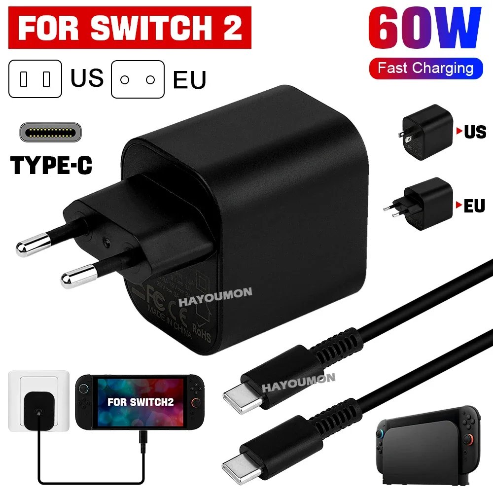 UK US EU 60W Type-C AC Adapter For Switch 2 Fast Charger Power Supply Supports TV Dock Mode Wall Charger Gaming Accessories