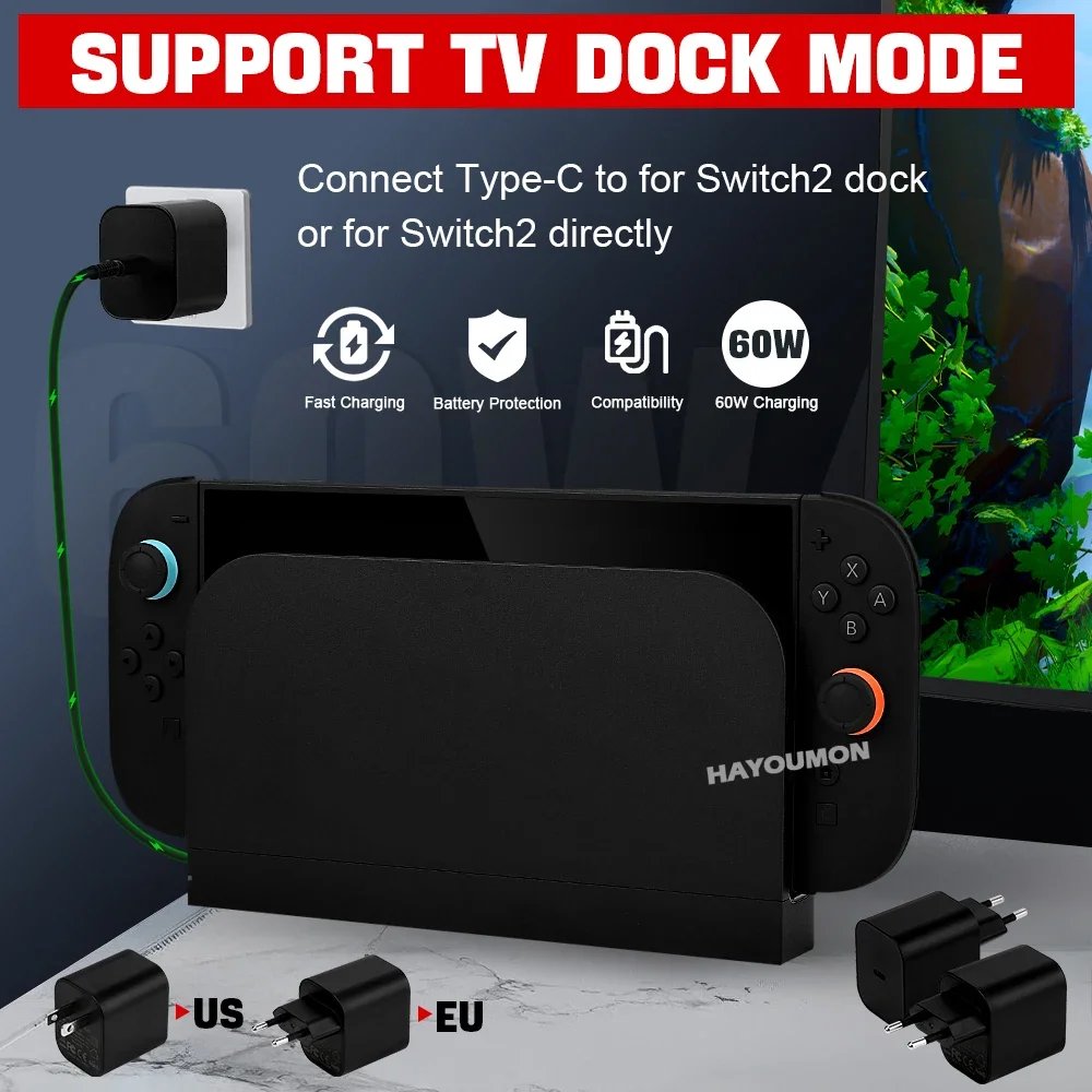 UK US EU 60W Type-C AC Adapter For Switch 2 Fast Charger Power Supply Supports TV Dock Mode Wall Charger Gaming Accessories