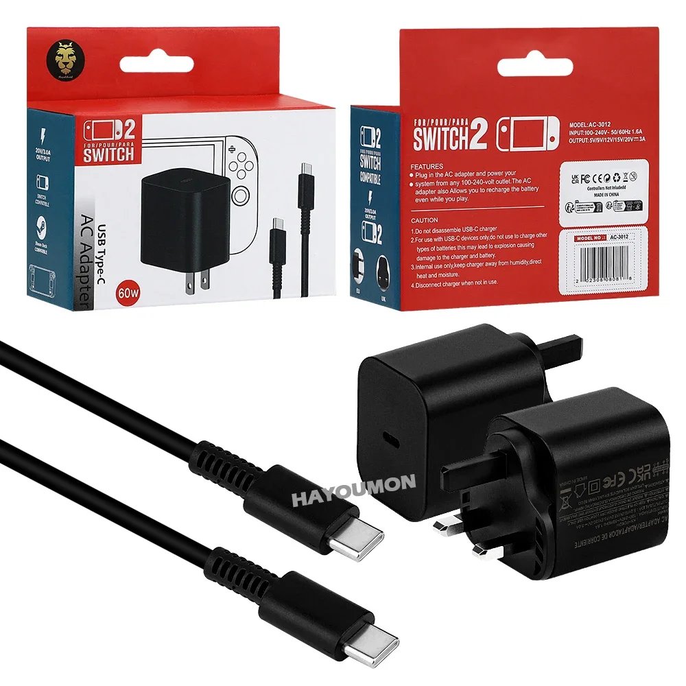 UK US EU 60W Type-C AC Adapter For Switch 2 Fast Charger Power Supply Supports TV Dock Mode Wall Charger Gaming Accessories