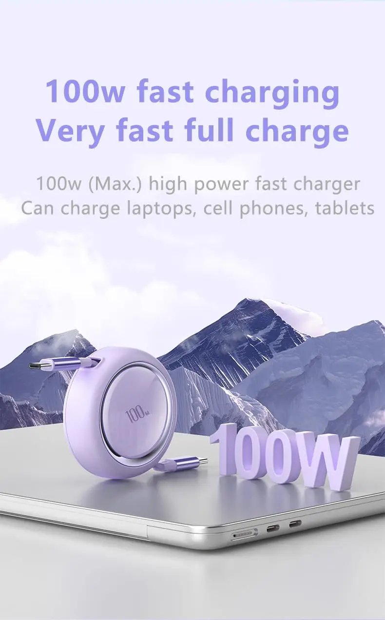 100W Type C to USB C Fast Charge Data Cable Retractable  1m Cable for iPhone 15 Pro Max Samsung Huawei Xiaomi