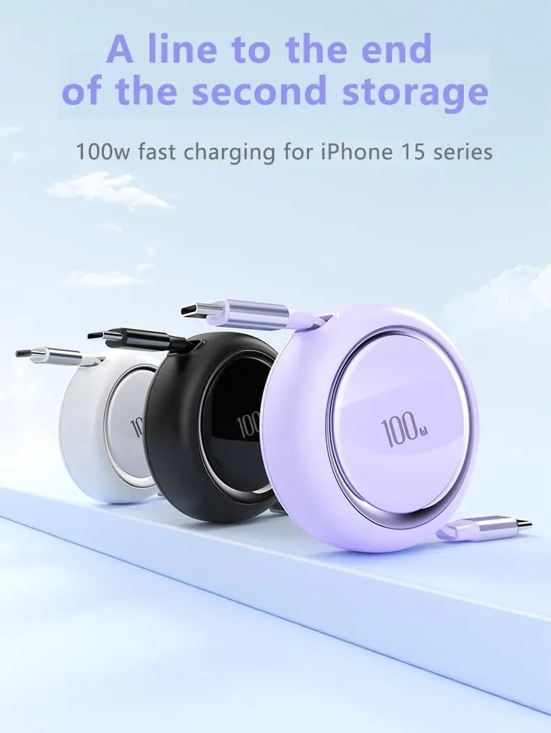 100W Type C to USB C Fast Charge Data Cable Retractable  1m Cable for iPhone 15 Pro Max Samsung Huawei Xiaomi