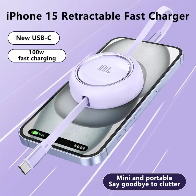 100W Type C to USB C Fast Charge Data Cable Retractable  1m Cable for iPhone 15 Pro Max Samsung Huawei Xiaomi