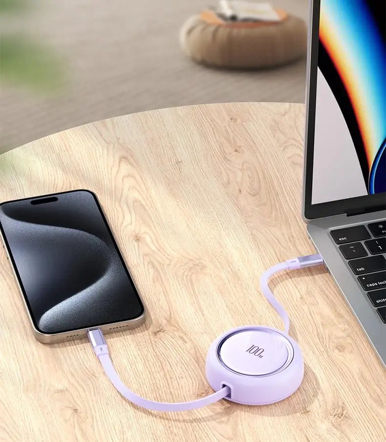 100W Type C to USB C Fast Charge Data Cable Retractable  1m Cable for iPhone 15 Pro Max Samsung Huawei Xiaomi