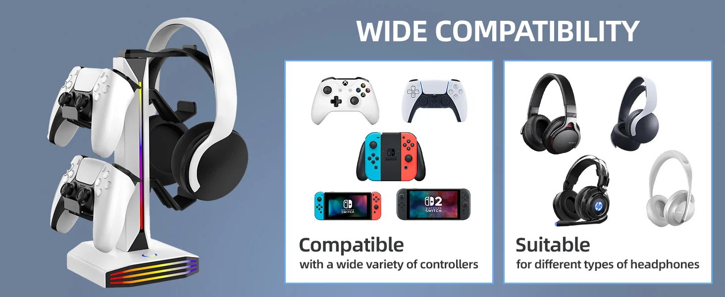 RGB Game Controller Holder Rack with 7 Light Modes, Headphone Stand 2 USB Charging and 1 Type-C for PS5/PS4/Xbox/Switch Pro