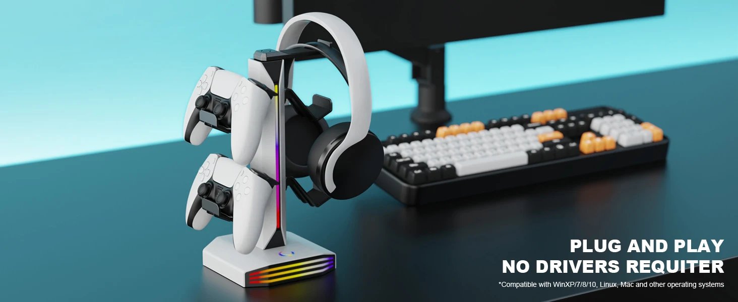 RGB Game Controller Holder Rack with 7 Light Modes, Headphone Stand 2 USB Charging and 1 Type-C for PS5/PS4/Xbox/Switch Pro