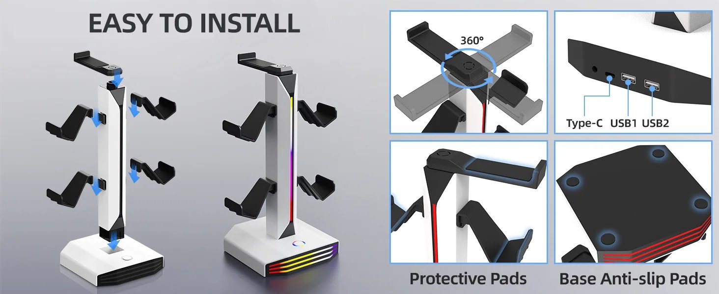 RGB Game Controller Holder Rack with 7 Light Modes, Headphone Stand 2 USB Charging and 1 Type-C for PS5/PS4/Xbox/Switch Pro