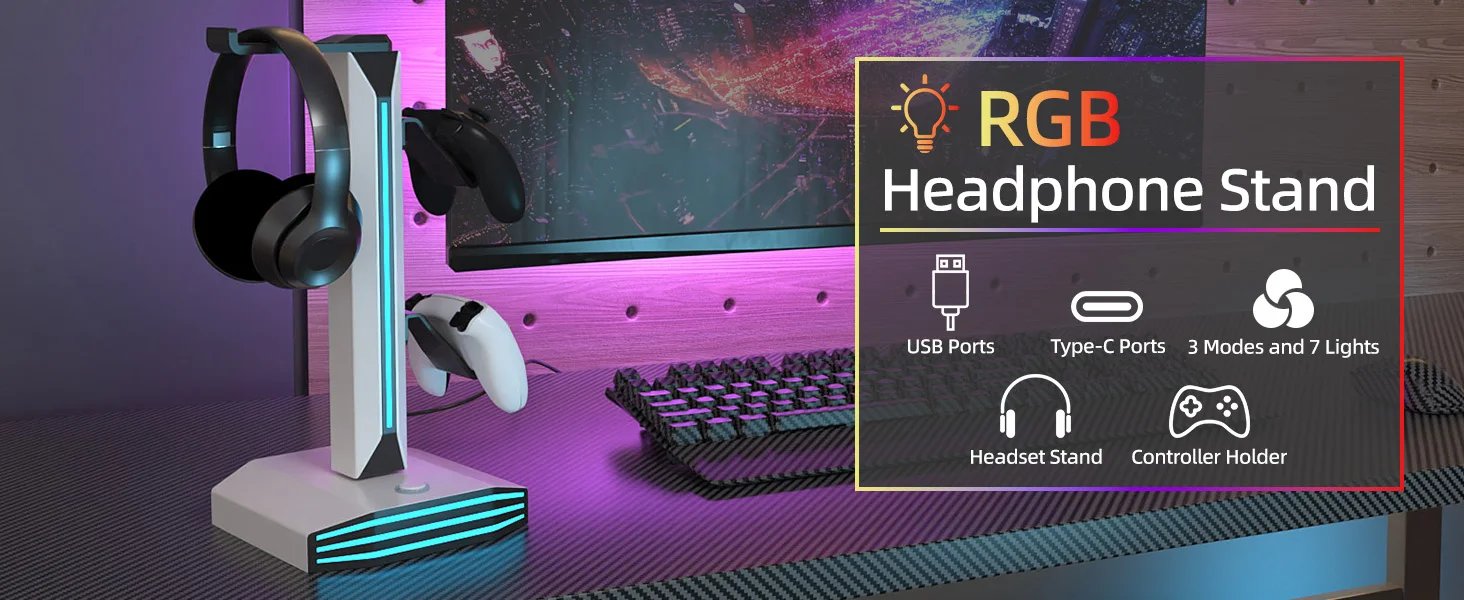 RGB Game Controller Holder Rack with 7 Light Modes, Headphone Stand 2 USB Charging and 1 Type-C for PS5/PS4/Xbox/Switch Pro