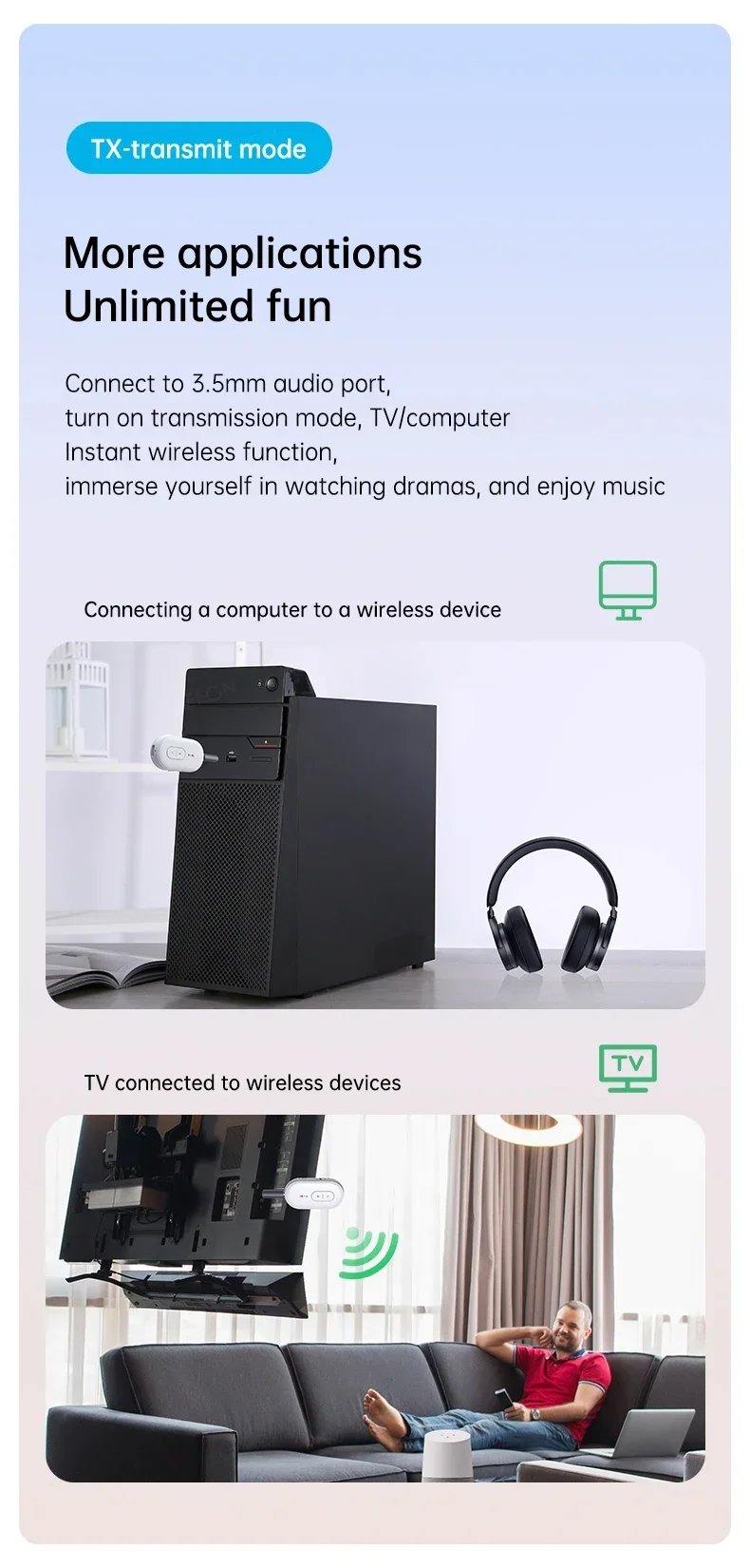 2 IN 1 Bluetooth 5.4 3.5MM AUX Stereo Transmitter Receiver Wireless Audio Adapter With Mic 1 to 2 Headset For TV Car Kit Speaker