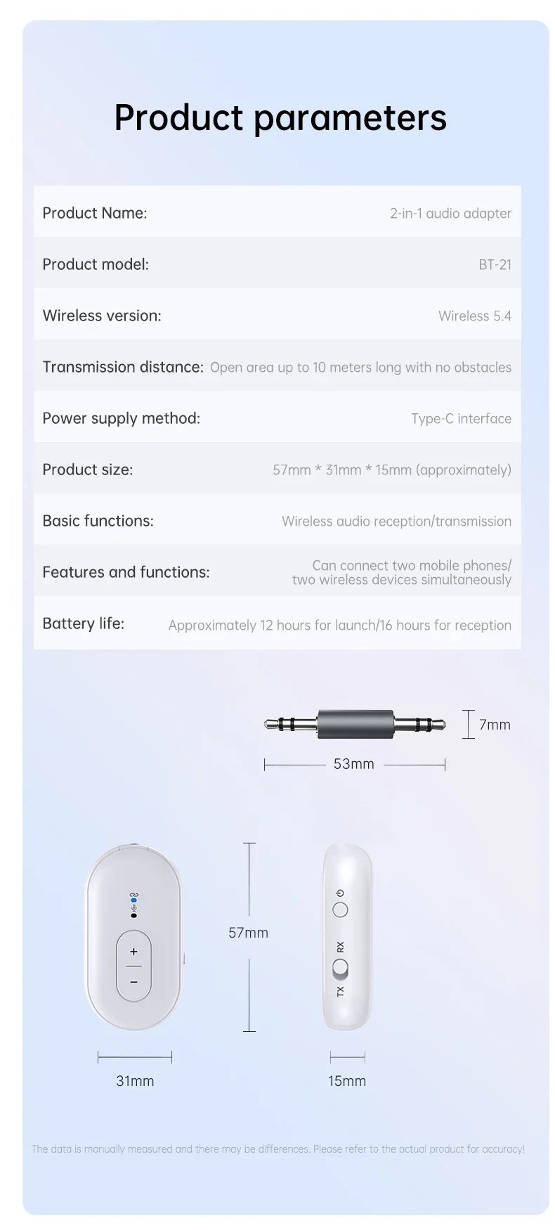 2 IN 1 Bluetooth 5.4 3.5MM AUX Stereo Transmitter Receiver Wireless Audio Adapter With Mic 1 to 2 Headset For TV Car Kit Speaker