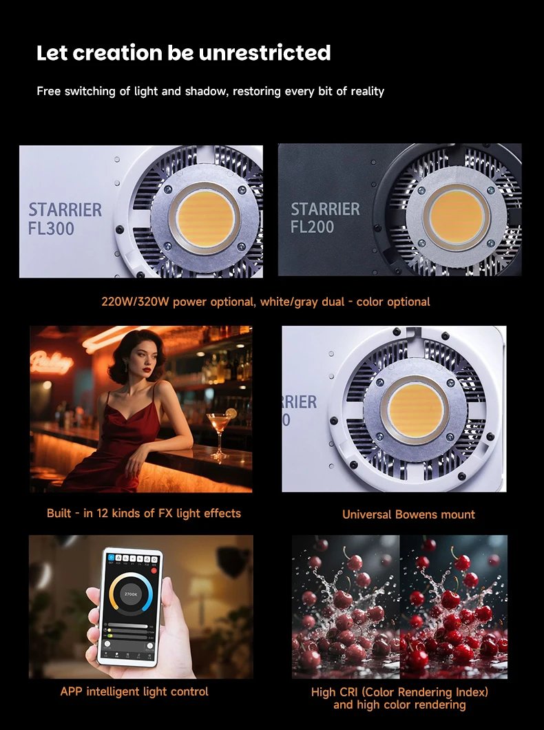 YSKE 320W COB LED Video Light, Bi-color 2700K-6500K, APP Control, Studio Lighting for Photography YouTube TikTok