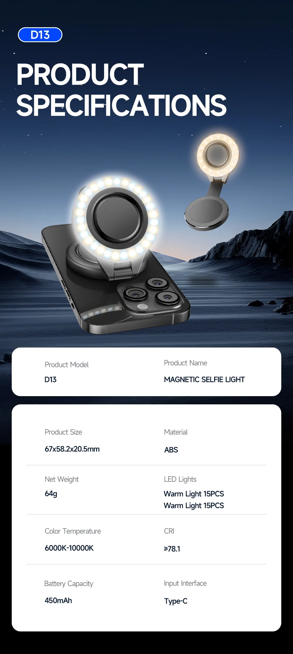 TOKQI Magnetic Fill Light Pocket Selfie Ring Light 180° Rotation Three-color LED Lamp for Phone Photography, and Live Makeup