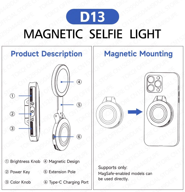 TOKQI Magnetic Fill Light Pocket Selfie Ring Light 180° Rotation Three-color LED Lamp for Phone Photography, and Live Makeup