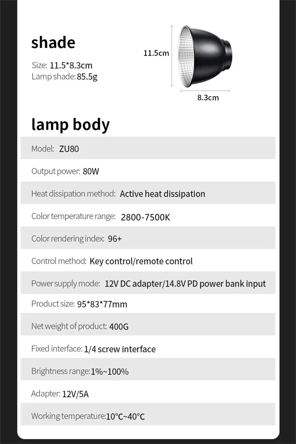 ZU80 COB Photo Studio Light Bi-Color 2500K-8500K LED Video Light CRI95+ TLCI97+ Photography Fill Lighting with Diffuser