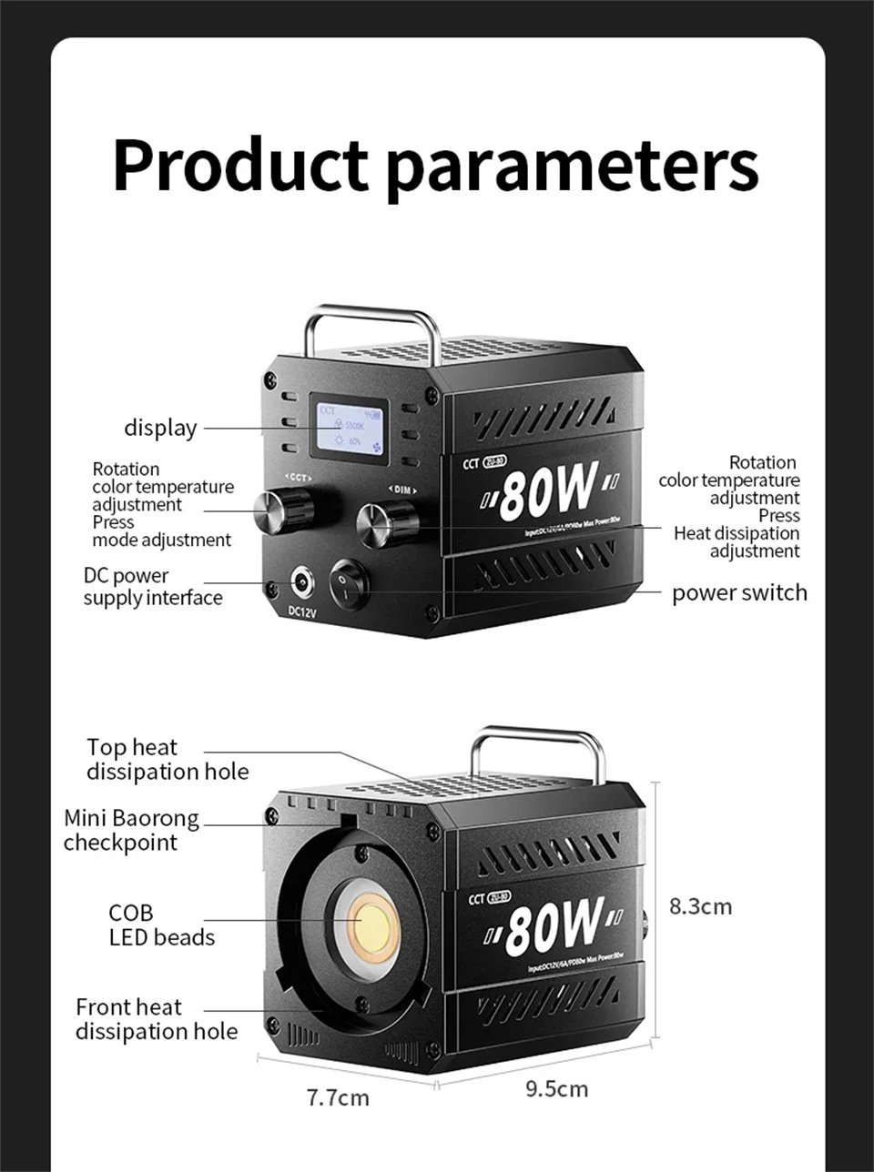 ZU80 COB Photo Studio Light Bi-Color 2500K-8500K LED Video Light CRI95+ TLCI97+ Photography Fill Lighting with Diffuser