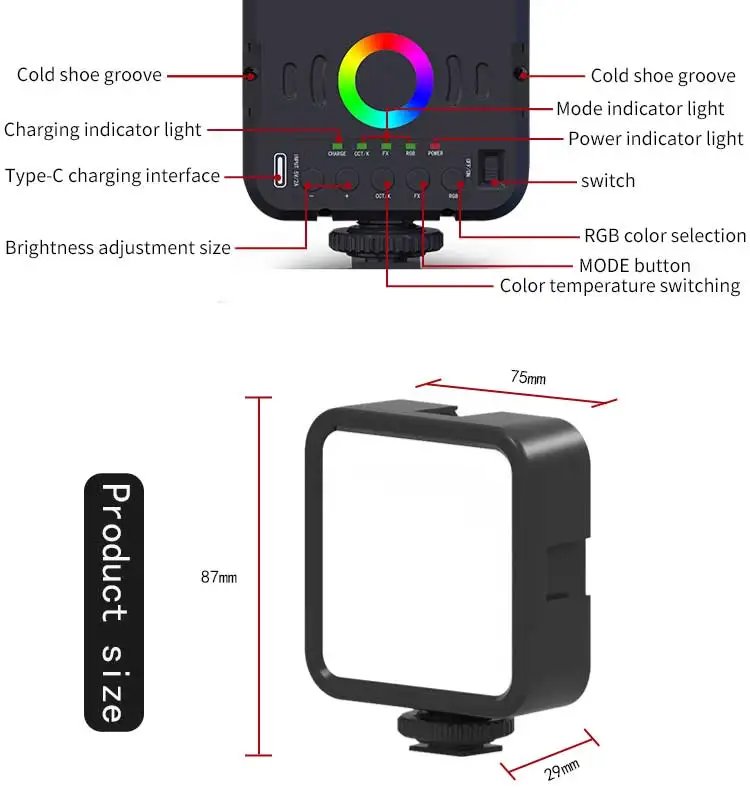 Full Color RGB Video Fill Light Mini LED Camera Light 1800mAh Rechargable Pocket Camera LED Lamp For Photo Video Fill Lighting