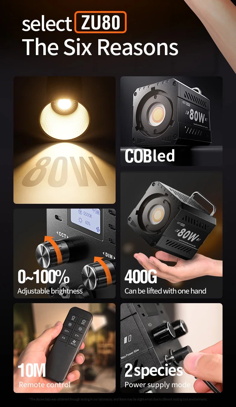 ZU80/ZU60 Photo Studio Light COB Bi-Color 2500-8500K CRI≥95 TLCI≥97 With Diffuser LED Video Lights Fill Lighting