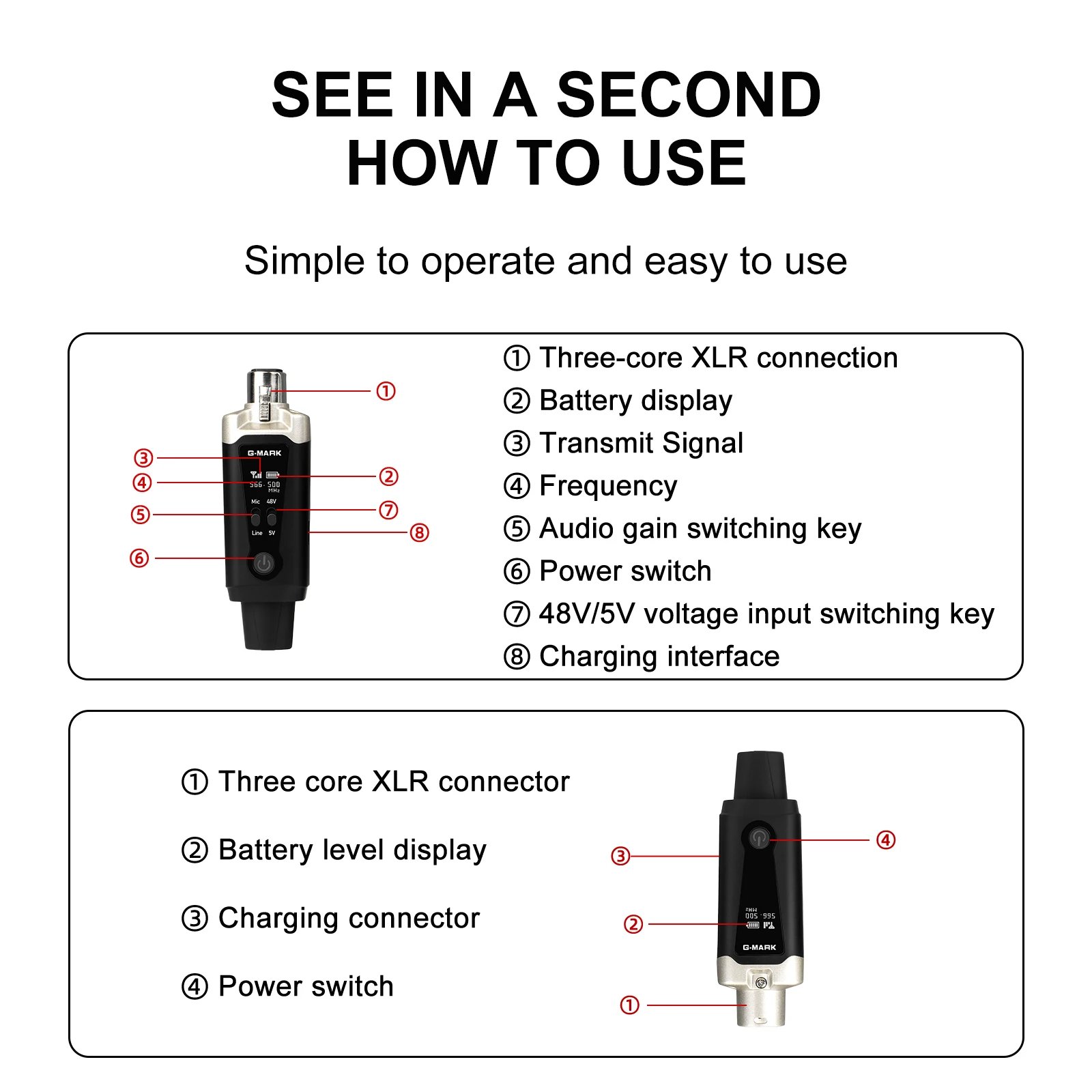 Wireless Microphone System G-MARK GX1.1 UHF XLR Adapter 16 Channels Audio Transmitter And Receiver For 48V Phantom Power Condens
