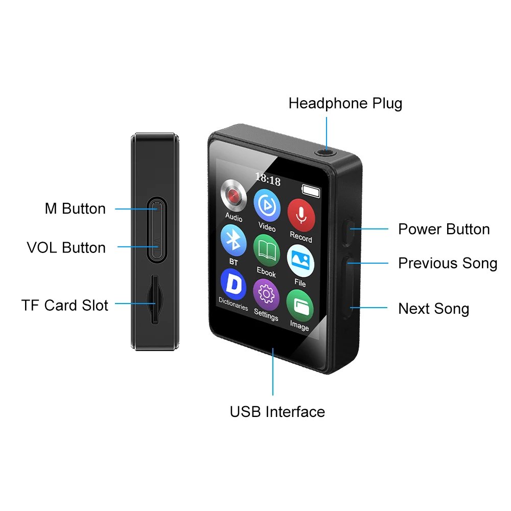 Portable MP3 Player Bluetooth 5.0 Music Stereo Speaker For Walkman Sport Player MP4 Video Player E-book/Recorder MP3