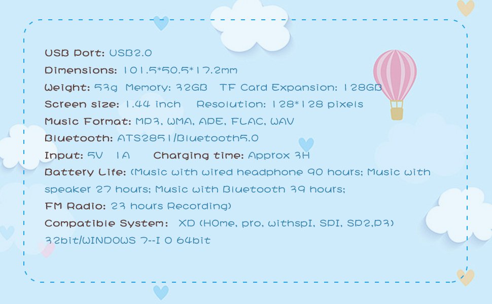 Oilsky MP3 Player Children with Headphones, 32GB, Bluetooth 5.0,  with Speaker, FM Radio, Pedometer, Voice Recorder, Up to 128GB