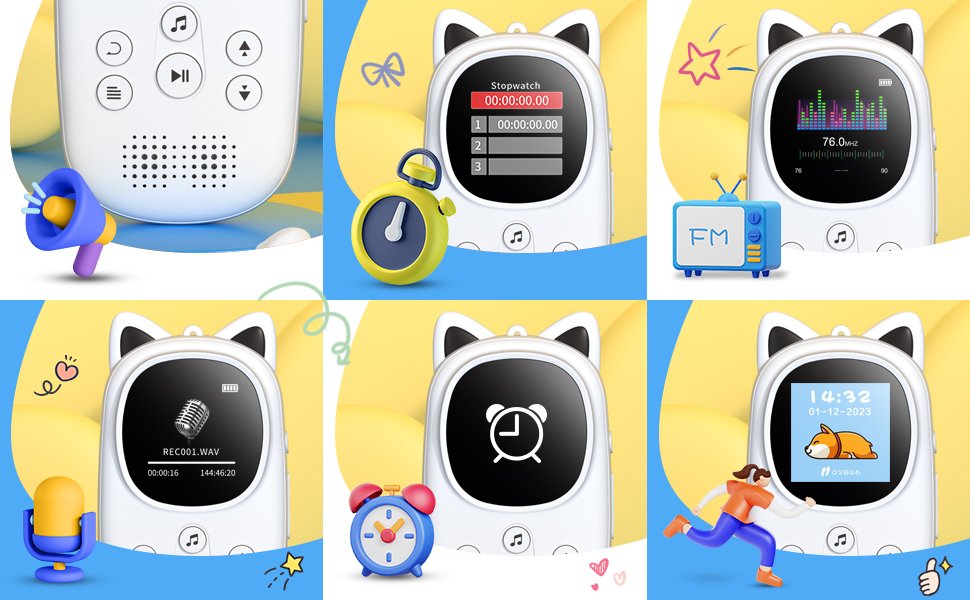 Oilsky MP3 Player Children with Headphones, 32GB, Bluetooth 5.0,  with Speaker, FM Radio, Pedometer, Voice Recorder, Up to 128GB