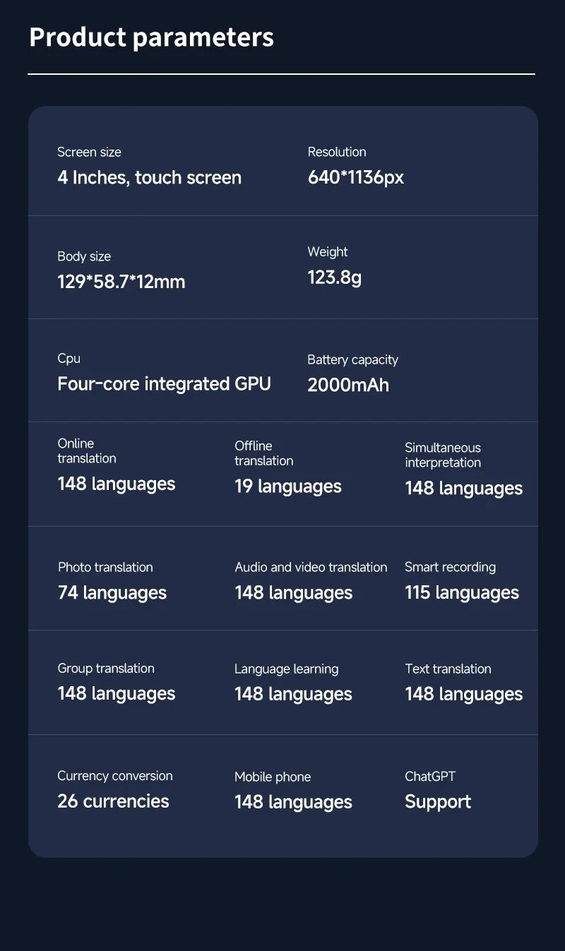 Language Translator Device with 152 Languages Voice Portable Ai  Translating Offline Translation Support Voice Video Recording