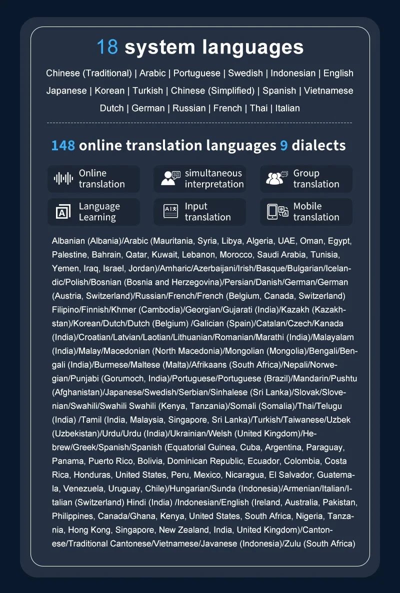 Language Translator Device with 152 Languages Voice Portable Ai  Translating Offline Translation Support Voice Video Recording