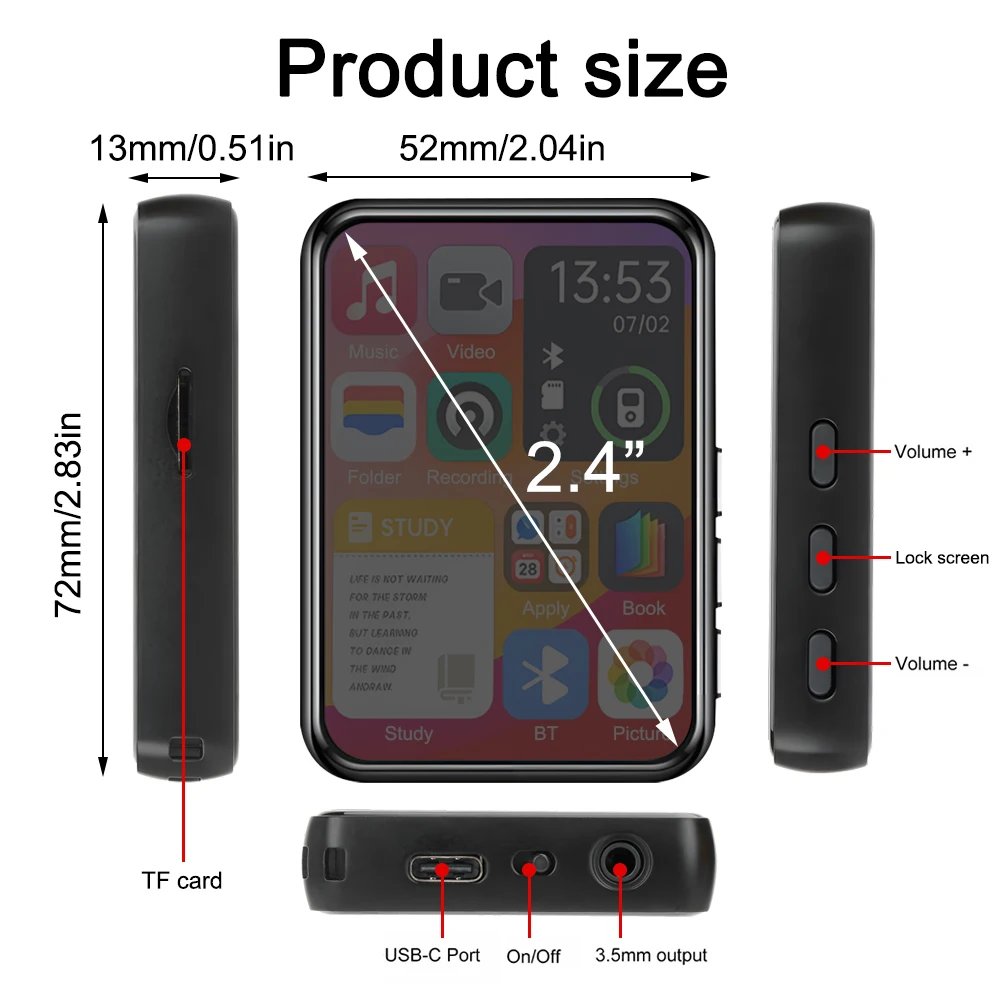 32GB 2.4 Inch Touch Screen Bluetooth 5.4 MP3 Player, HiFi Music Player with Speaker/Recorder/Ebook/Picture