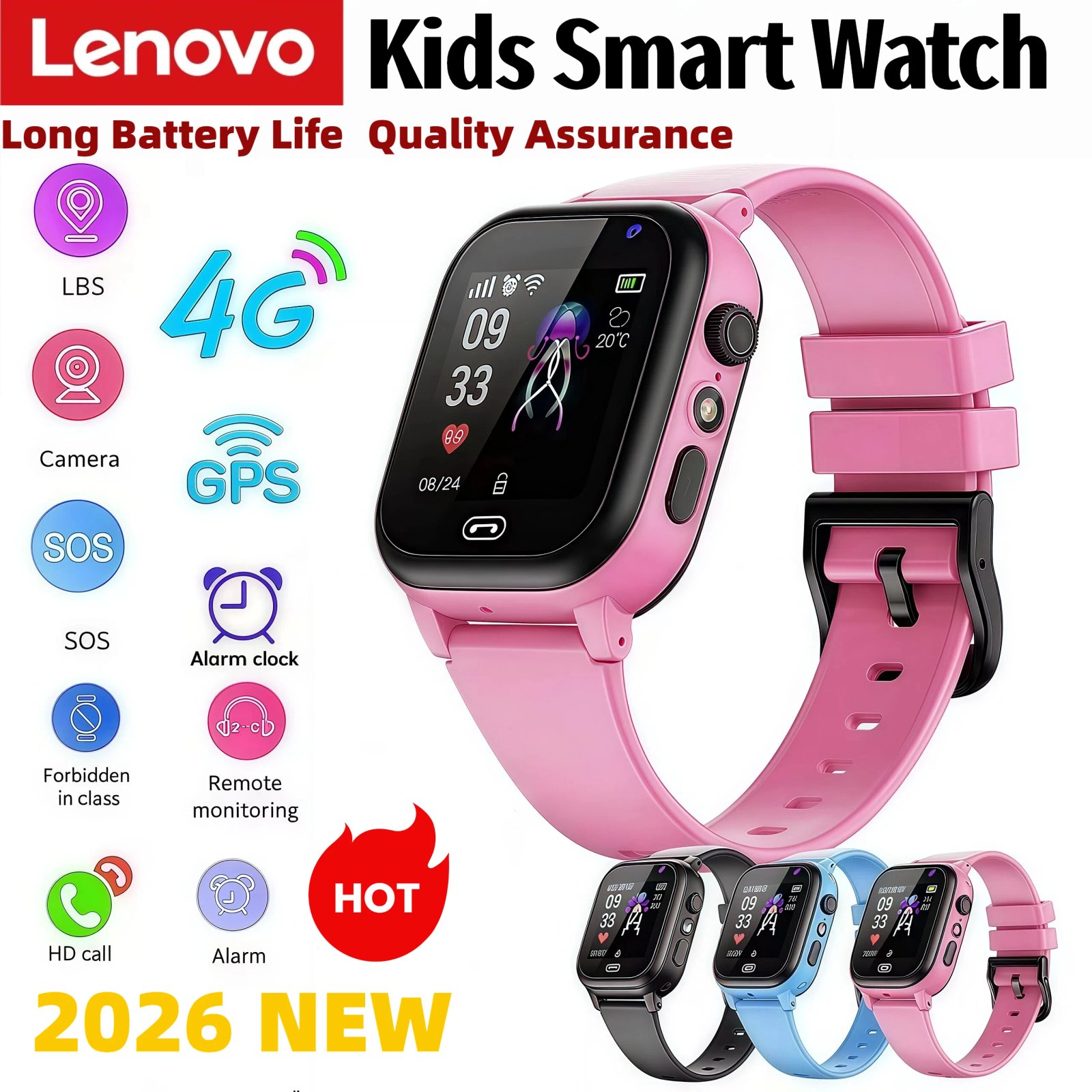 Lenovo Kids Smart Watch SOS Wifi GPS Location Video Call Electronic Watch Card Camera Waterproof School For Boys Girls For Gift