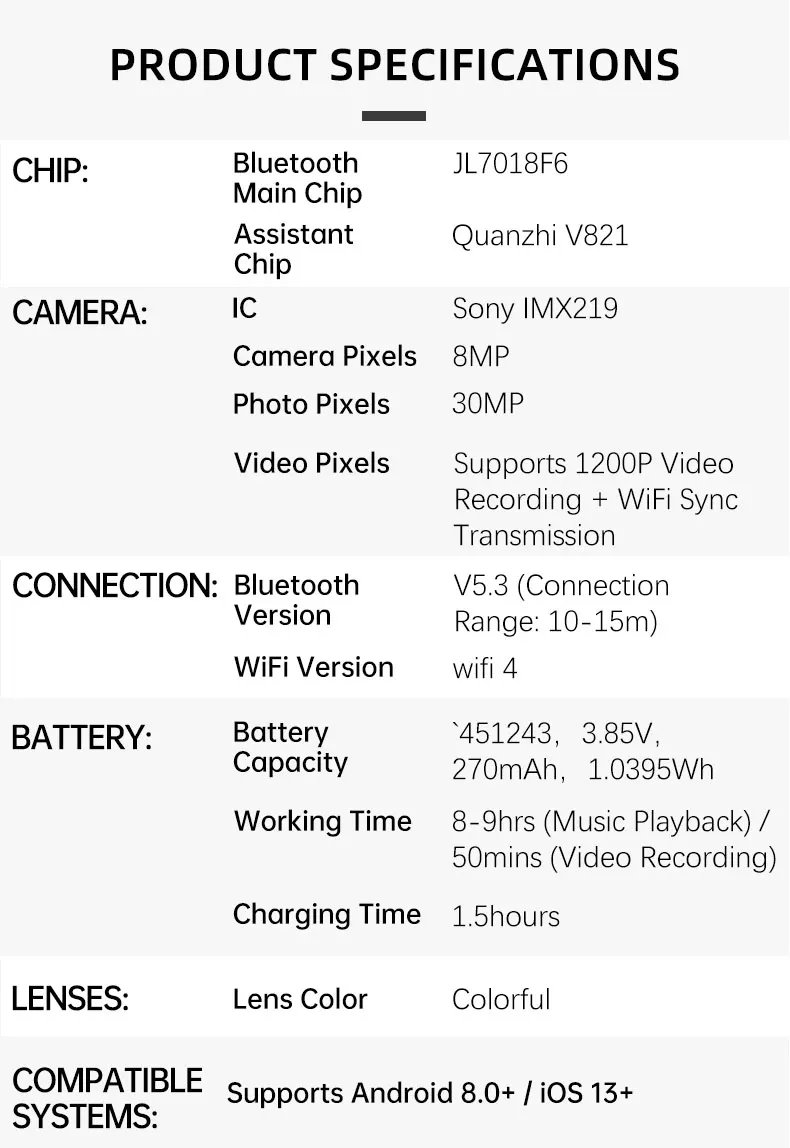 Photochromic Smart Glasses 1200P HD Camera 8MP Sensor 30MP Photo WiFi Sync Bluetooth 5.3 Audio Sunglasses Anti-shake Mic ENC PRO