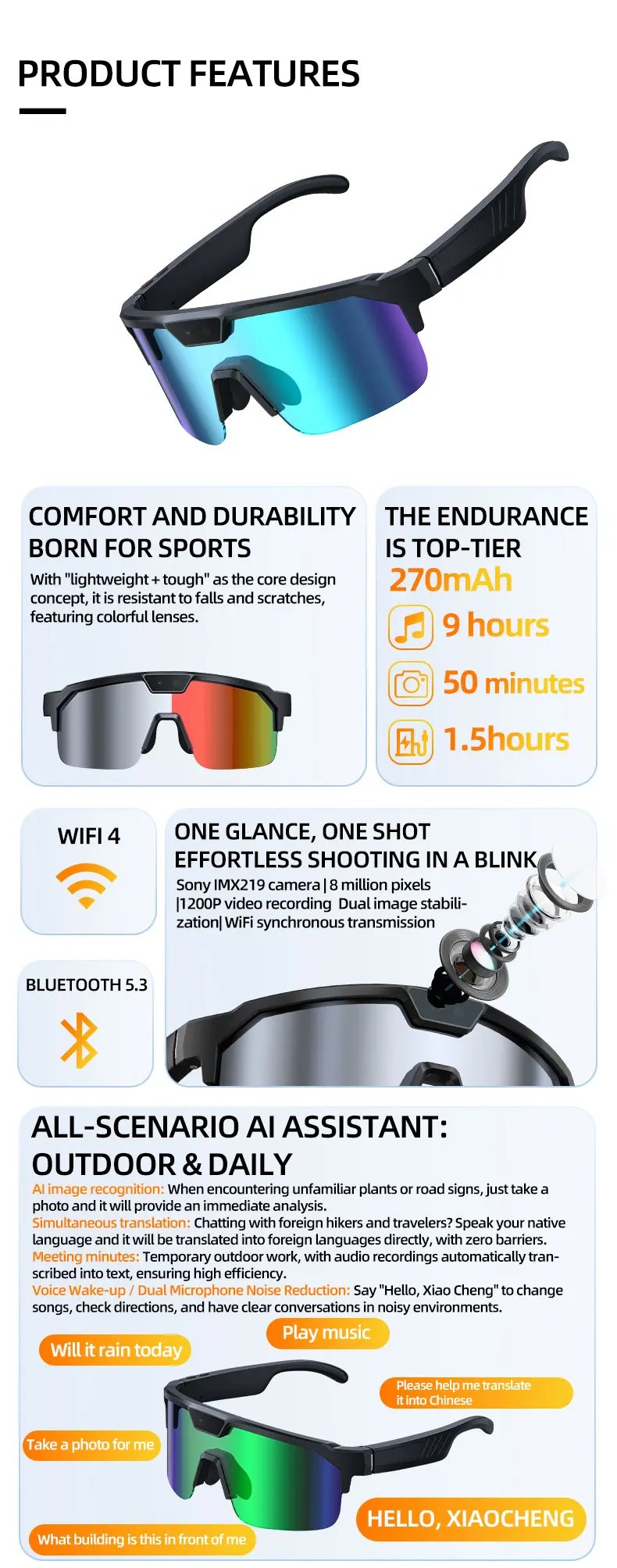 Photochromic Smart Glasses 1200P HD Camera 8MP Sensor 30MP Photo WiFi Sync Bluetooth 5.3 Audio Sunglasses Anti-shake Mic ENC PRO