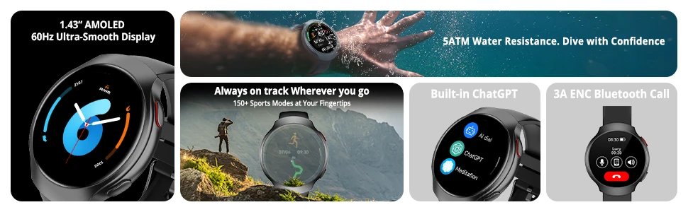 AIWR Orbit Smart Watch, GPS, 1.43'' AMOLED, AI Watch Faces ChatGPT, ENC Call, Heart Rate Monitor 5ATM Waterproof for Android iOS