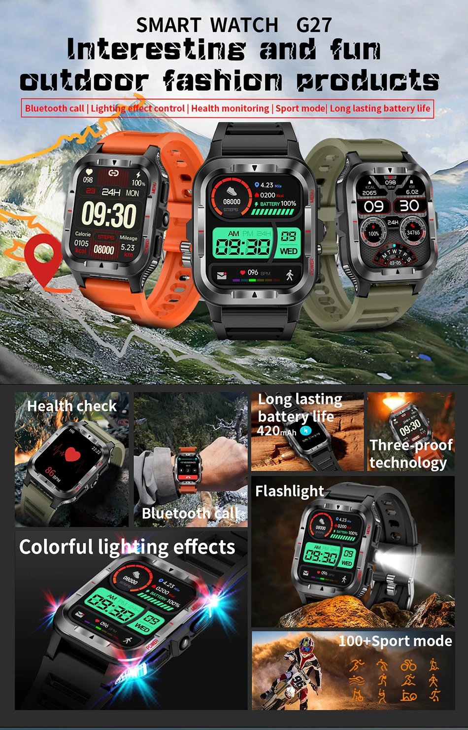 Military New GPS Sports Smart Watch Men 480mAh Battery LED Flashlight 100+ Sports Modes Bluetooth Call Waterproof Smartwatch