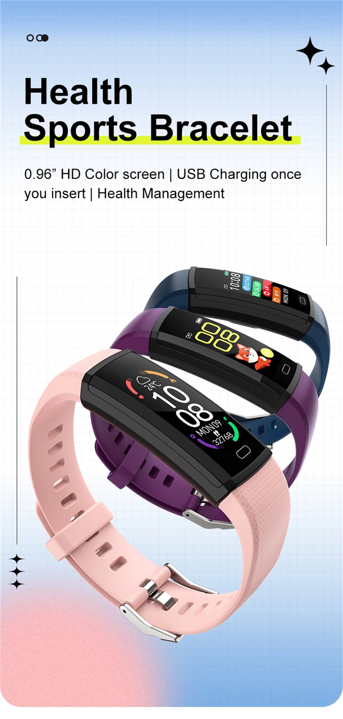 Sport Fitness Smart Band Blood Oxygen Blood Pressure Heart Rate Sleep Monitor 3ATM Waterproof Smartband Bracelet For Android IOS