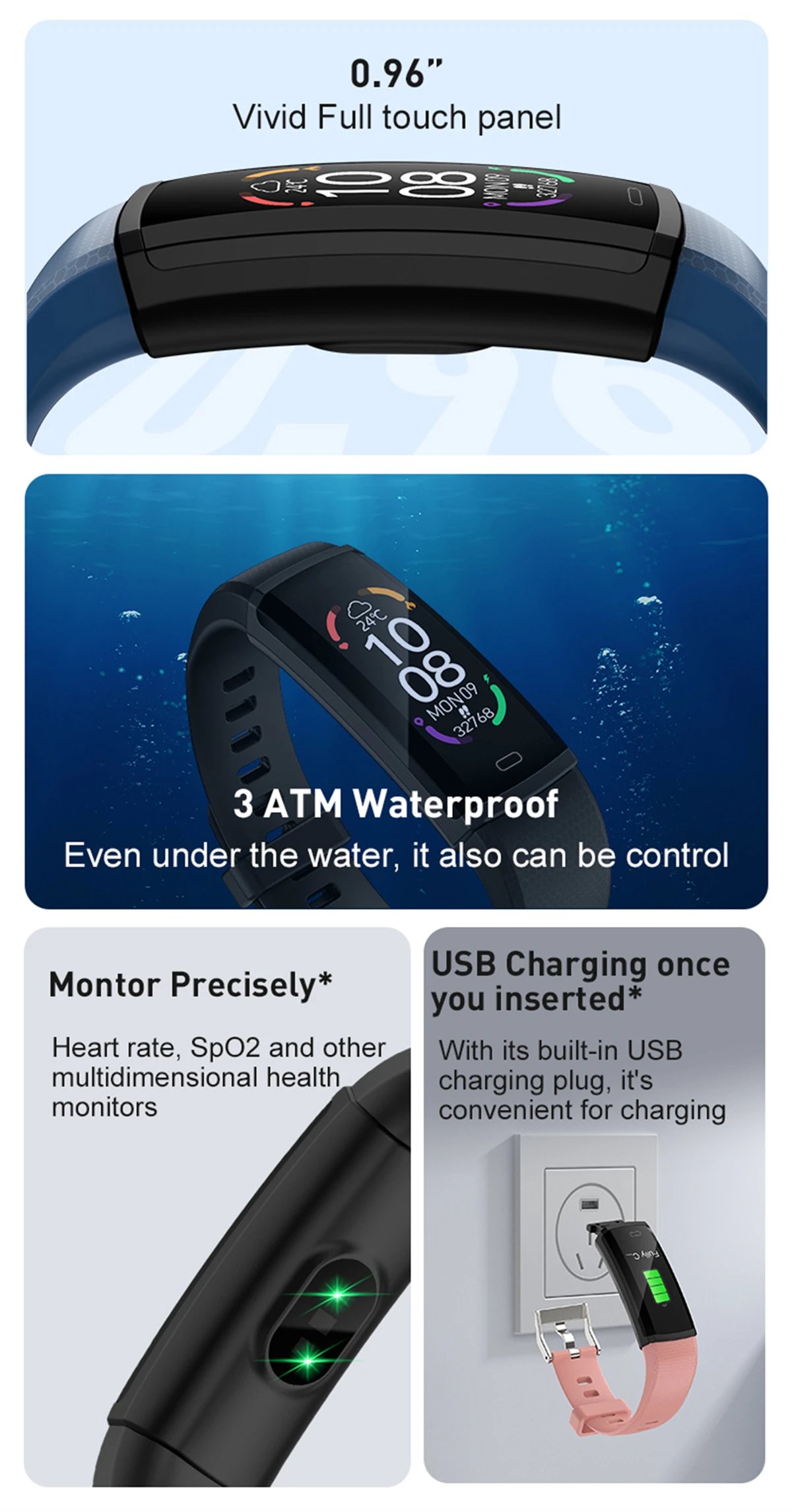 Sport Fitness Smart Band Blood Oxygen Blood Pressure Heart Rate Sleep Monitor 3ATM Waterproof Smartband Bracelet For Android IOS