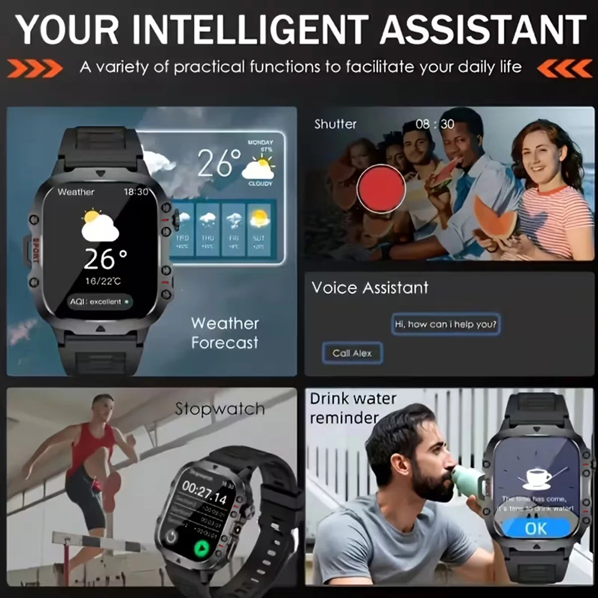 New Military Strong Sport Smartwatch Men Bluetooth Call Health Monitor Sports  Watch Waterproof Fitness Tracker Gifts for Women