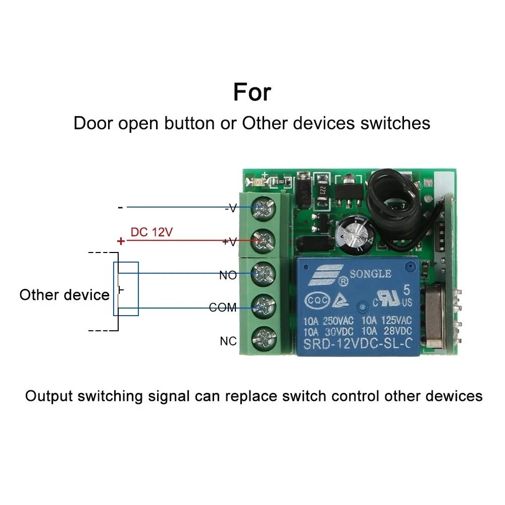 433MHz Wireless DC 12V Remote Control Switch 1CH RF 10A Relay Receiver and 2CH Transmitter For Door Electromagnetic Lock DIY