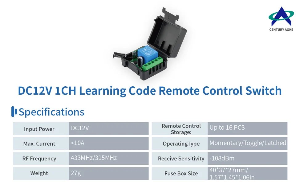 433MHz Wireless DC 12V Remote Control Switch 1CH RF 10A Relay Receiver and 2CH Transmitter For Door Electromagnetic Lock DIY