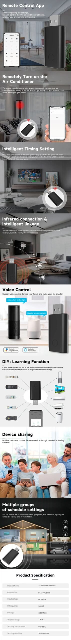 Smart Wi-Fi Universal IR Remote Control, 360° Infrared Blaster for TV/Air Conditioner, Work with Alexa/Google Home, Smart Home A